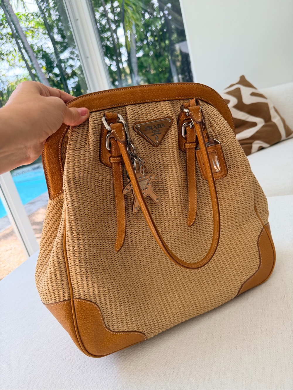 Prada Large Raffia & Leather Tote Bag with Teddy Bear Charm